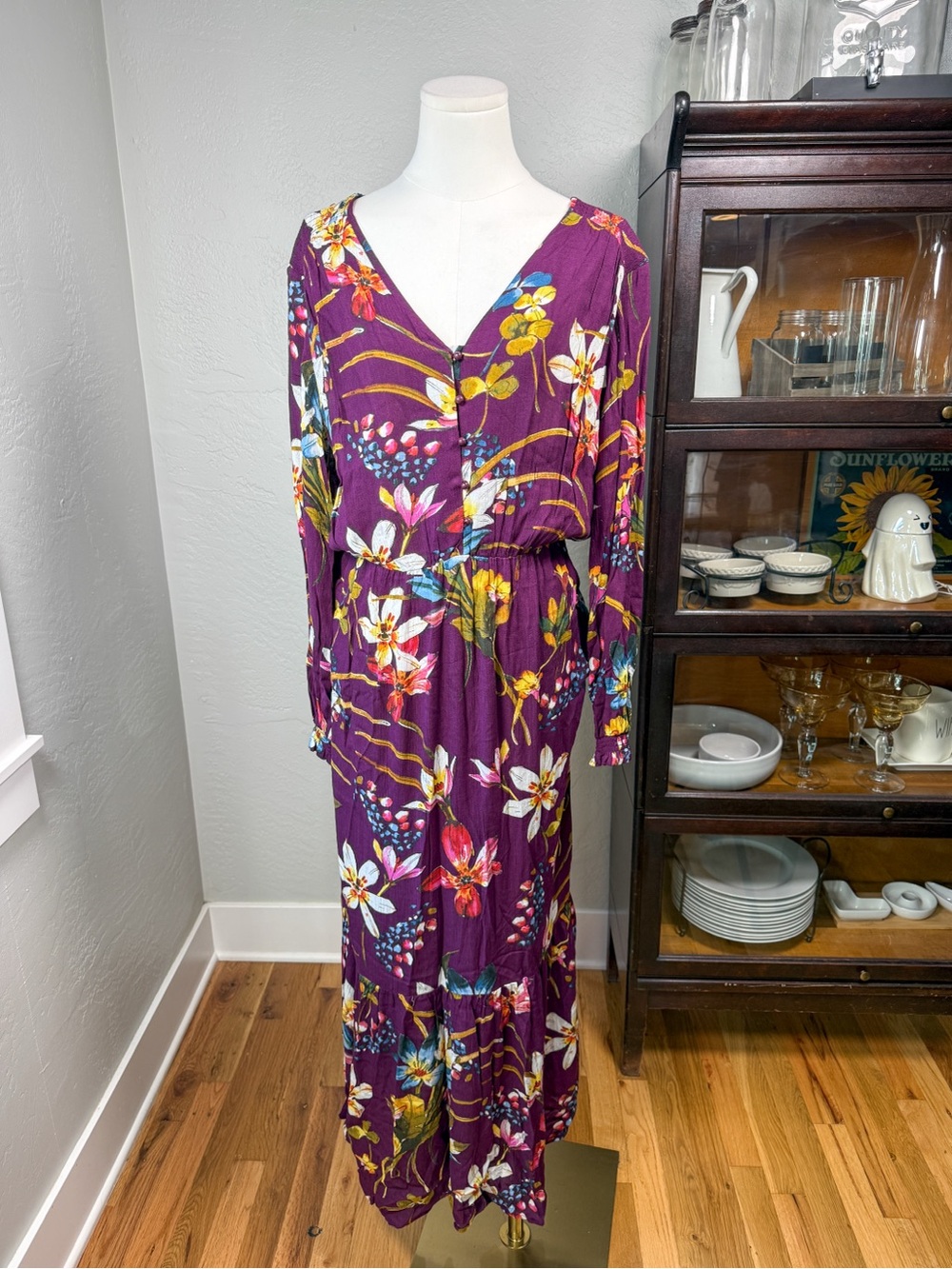Beige by Eci Boho Resort Purple Floral Maxi Dress Size M